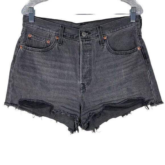 Levi’s‎ 501 Premium Quality Black Raw Hem High Waist Denim Jean Shorts Size 31 - Picture 1 of 9